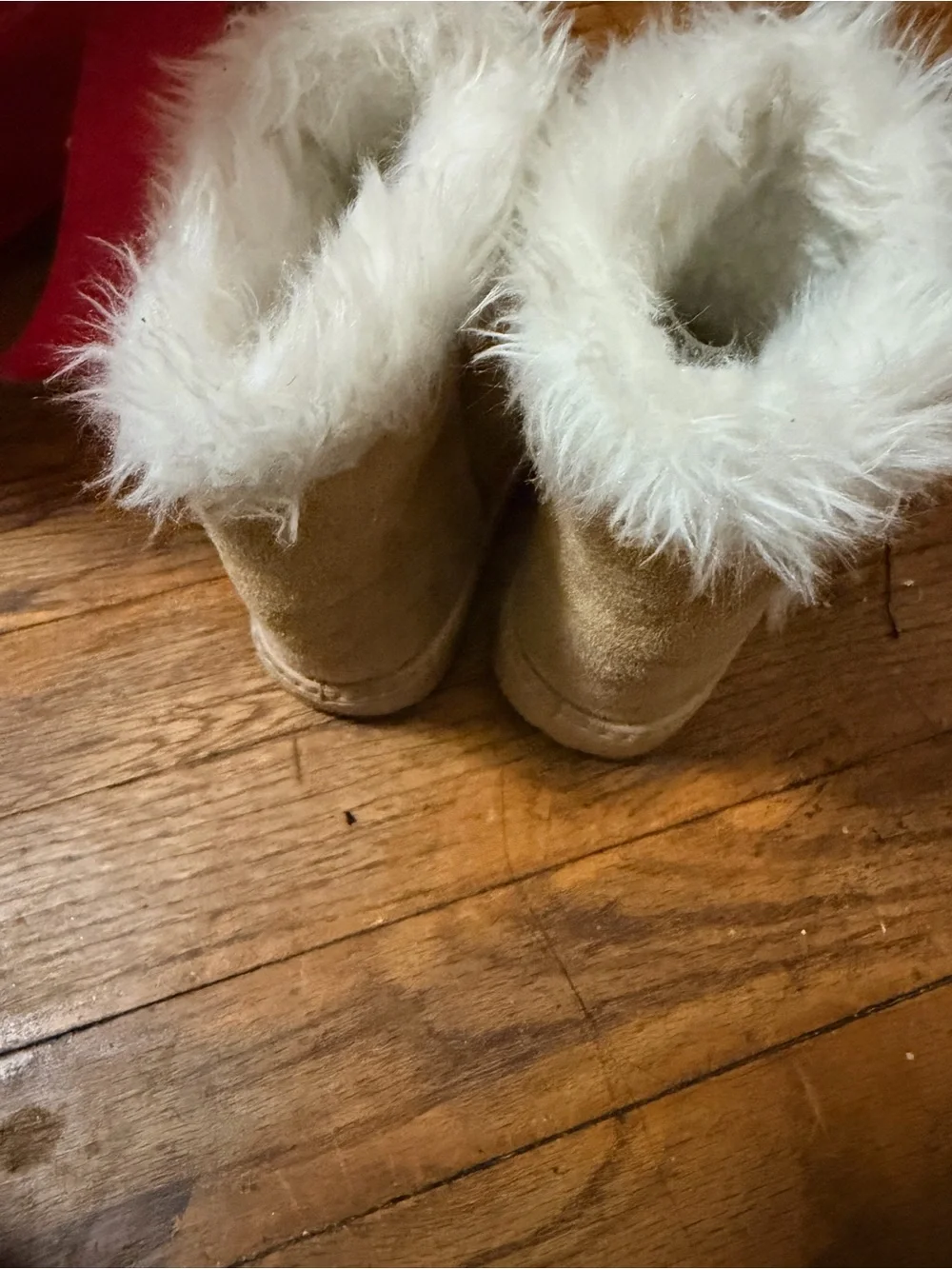 Kids Tan Faux-Suede Winter Boots with White Faux-Fur Trim